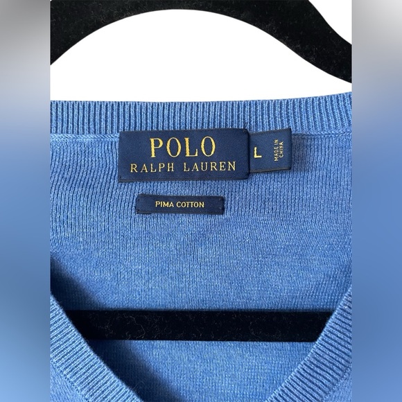 Polo Ralph Lauren Light Blue Pullover V Neck Sweater 100% Pima Cotton Large - Picture 2 of 4